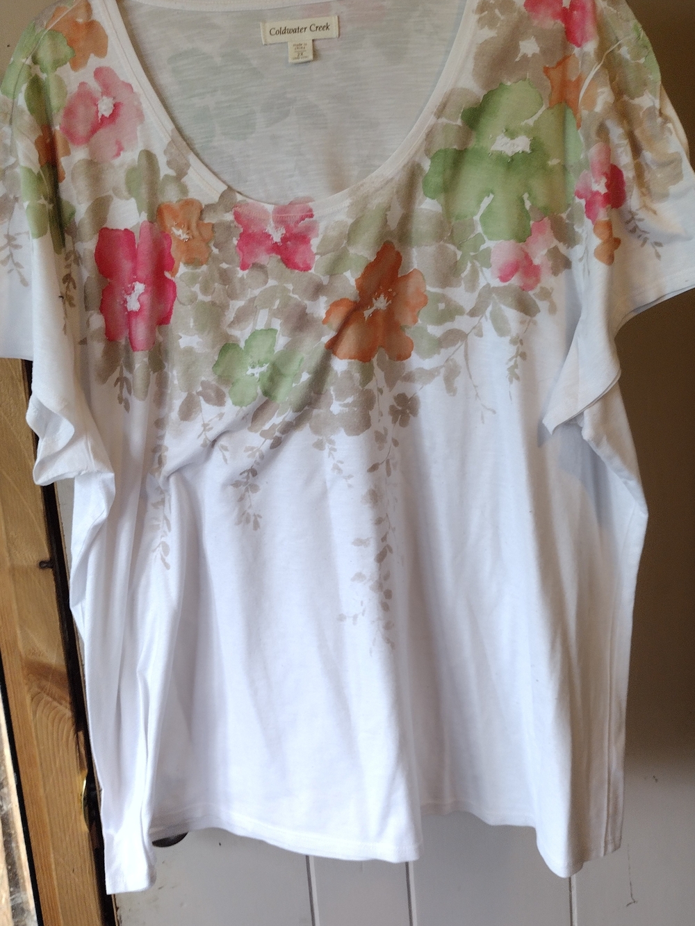 Coldwater Creek White Scoop Neck Tee with Watercolor Floral Yoke